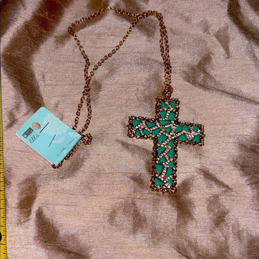 Ella Turquoise and Gold Tone Mosaic Cross Necklace